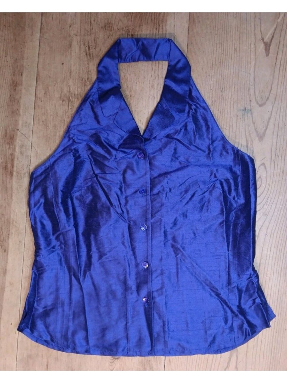 Vtg Jones Wear Womens 10 Halter Neck Top Button Up Blue Purple 100% Silk NWT